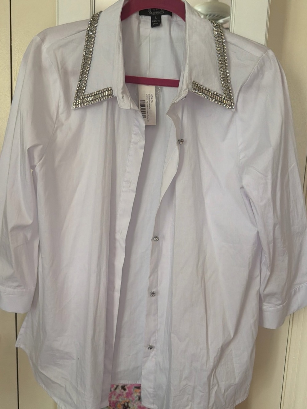 Embellished-Collar White Button-Front Blouse